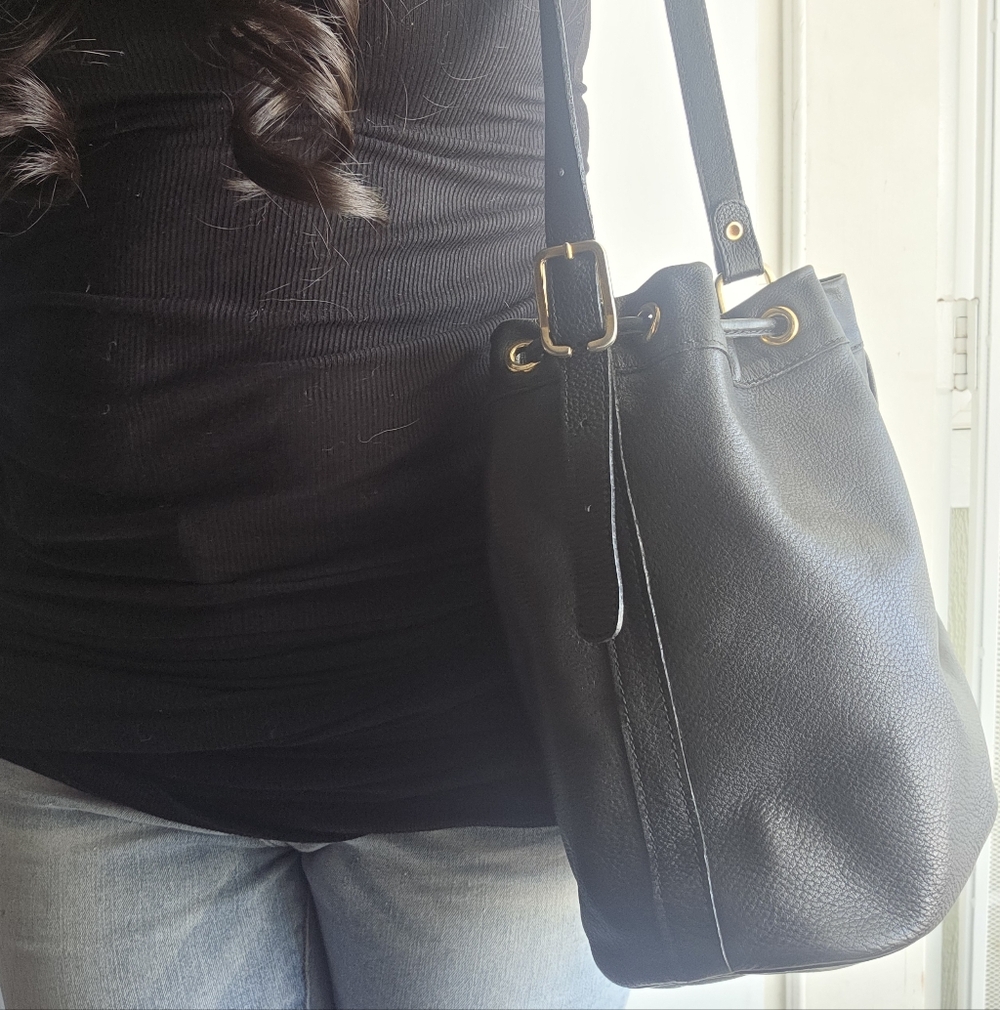LONGCHAMP BUCKET BAG Black Leather Drawstring 2000s Vintage Designer Y2K - Picture 15 of 15